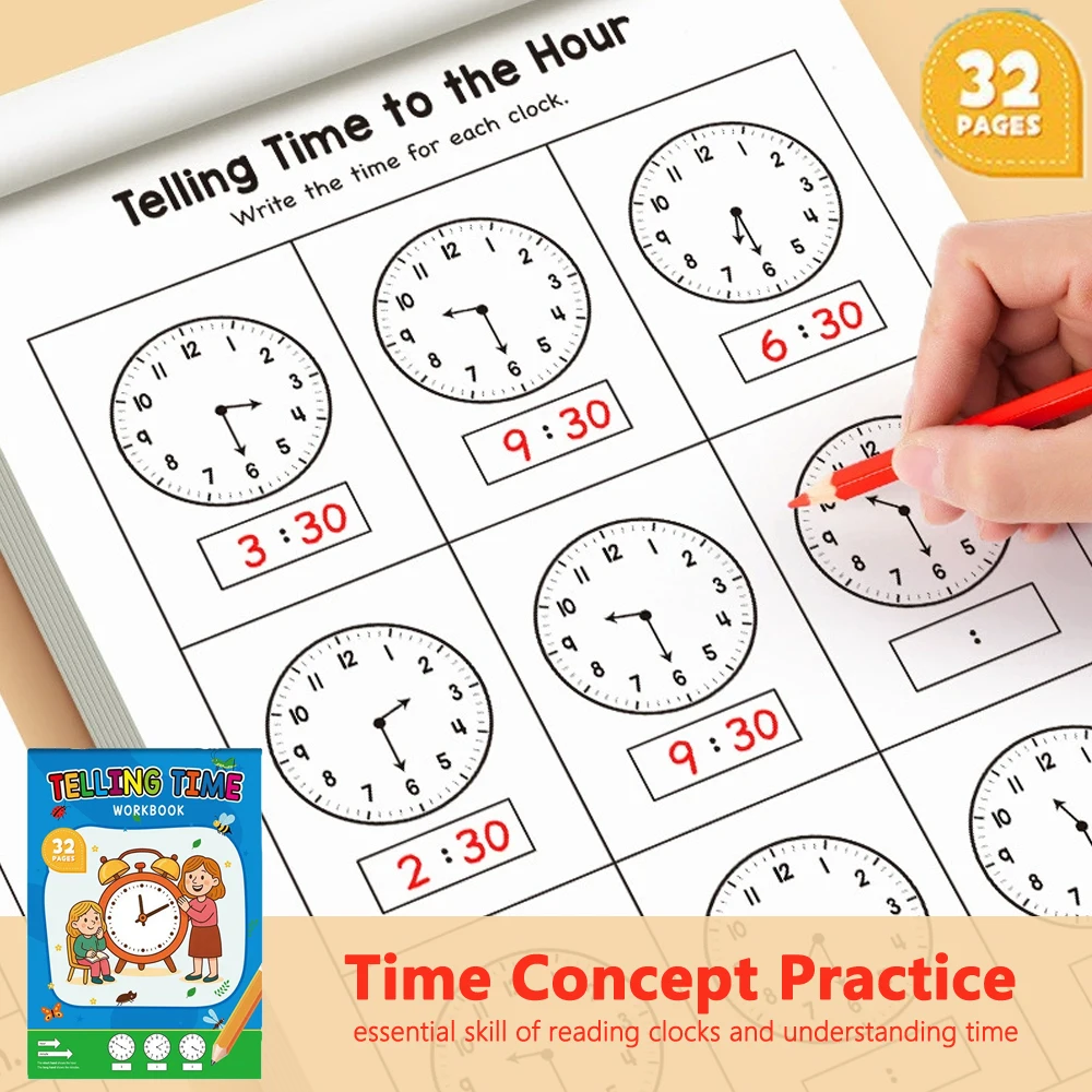 Learning Workbook Preschool - 32 Pages Telling Time Workbook for